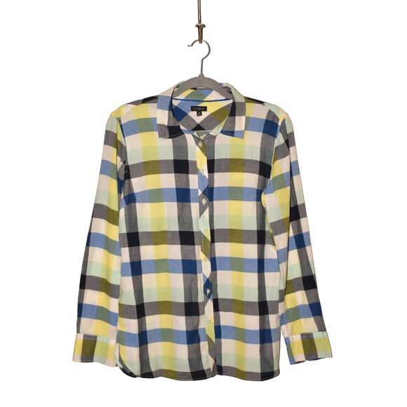 TALBOTS $89 Lightweight Cotton Plaid Button-Up Shirt Blue Yellow Gray Medium - Picture 1 of 3